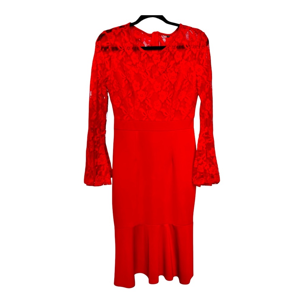 Red Lace Bell Sleeve Midi Dress M Fit & Flare Cocktail Party Dress Y2K Sexy